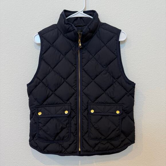 Women’s J. Crew‎ Navy Quilted Down Puffer Vest Gold Accents Pockets PL Petite L - Picture 1 of 8